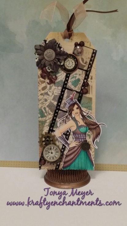 Completed Steampunk tag featuring Nikki Burnette's digi  Constance