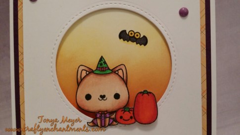 Kitty, pumpkins and bat stamps from Mama Elephant's Happy Meowlloween stamp set. Colored with Copic markers.