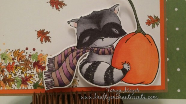 Raccoon with Pumpkin stamp by Stacy Yacula from Purple Onion Designs. Colored with Copic Markers.